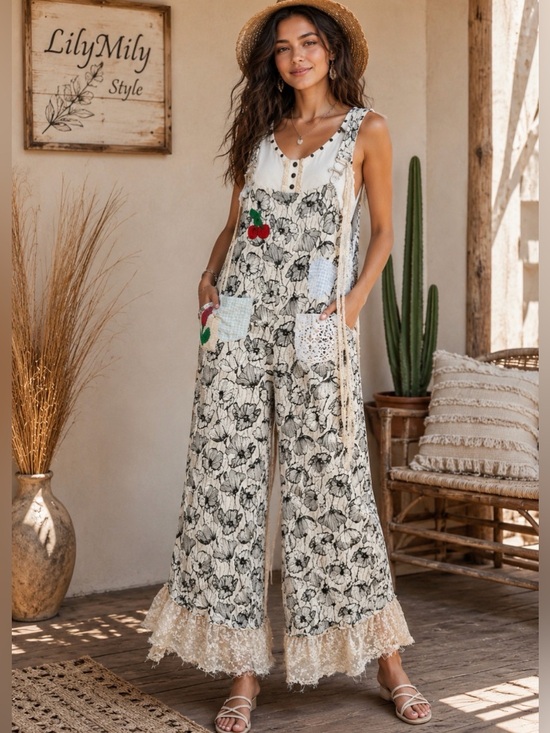 POL Pants - POL Vintage Bloom Patchwork Wide-Leg Overalls🌸